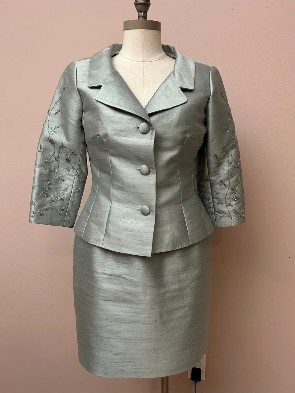 VTG Lillie Rubin Silver-Green Silk Wool Embroidered Skirt Suit set sz 6
